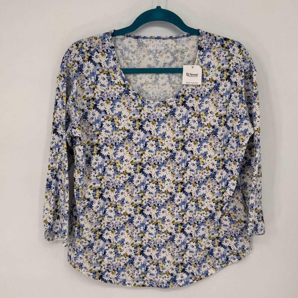 Lands‎ End Floral Knit Top Womens S 6-8 Blue New 3/4 Sleeve Cotton Modal Scoop
